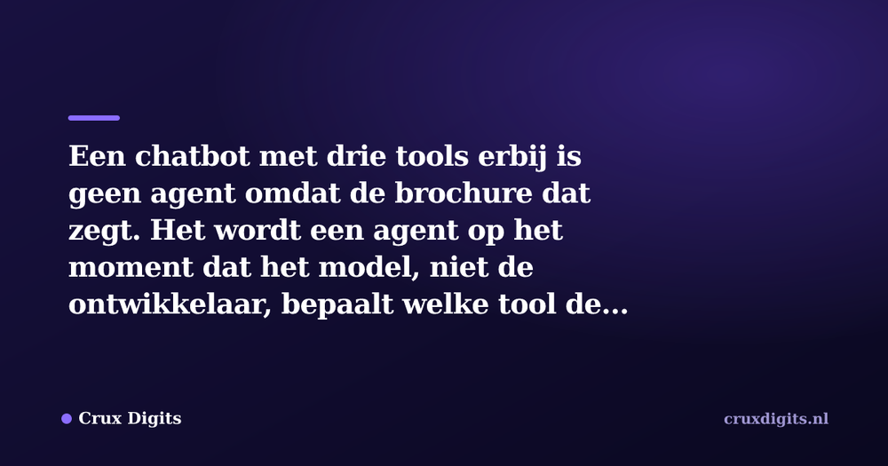 Pull quote from Crux Digits: Een chatbot met drie tools erbij is geen agent omdat de brochure dat zegt. Het wordt een agent op het moment dat het model, niet de ontwikkelaar, bepa