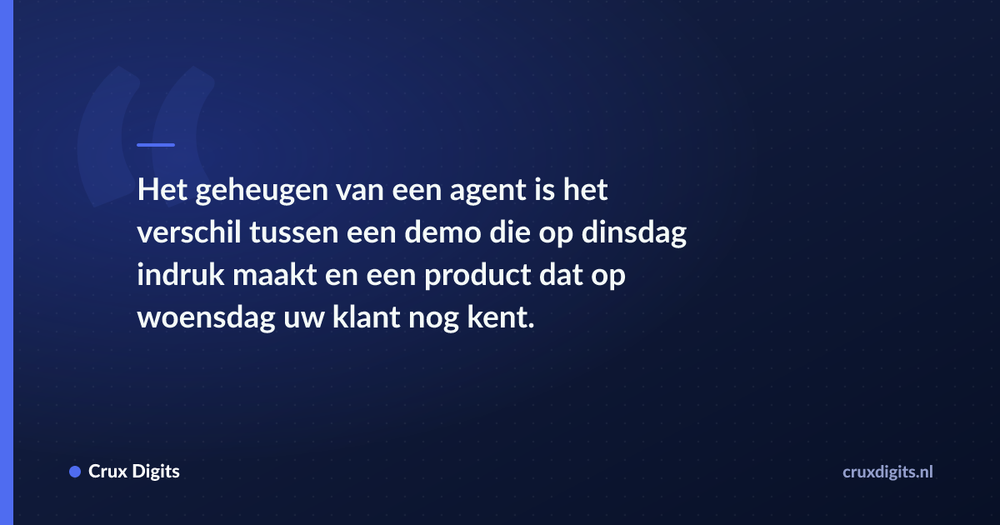 Pull quote: Het geheugen van een agent is het verschil tussen een demo die op dinsdag indruk maakt en een product dat op woensdag uw klant nog kent. — Crux Digits
