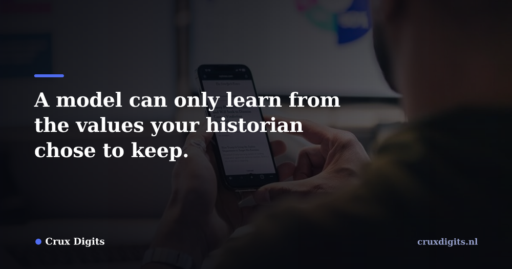Pull quote from Crux Digits: A model can only learn from the values your historian chose to keep.