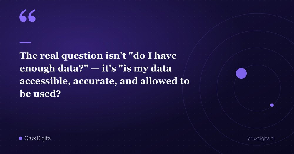 Pull quote: The real question isn't "do I have enough data?" — it's "is my data accessible, accurate, and allowed to be used?" — Crux Digits
