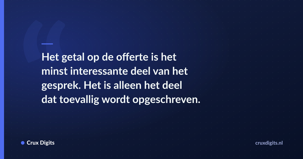 Pull quote: Het getal op de offerte is het minst interessante deel van het gesprek. Het is alleen het deel dat toevallig wordt opgeschreven. — Crux Digits