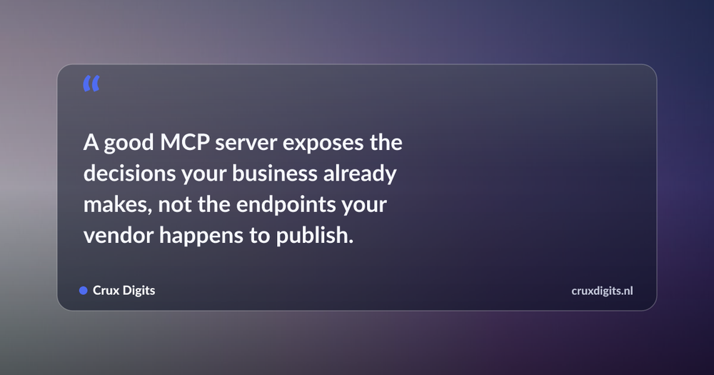 Pull quote: A good MCP server exposes the decisions your business already makes, not the endpoints your vendor happens to publish. — Crux Digits