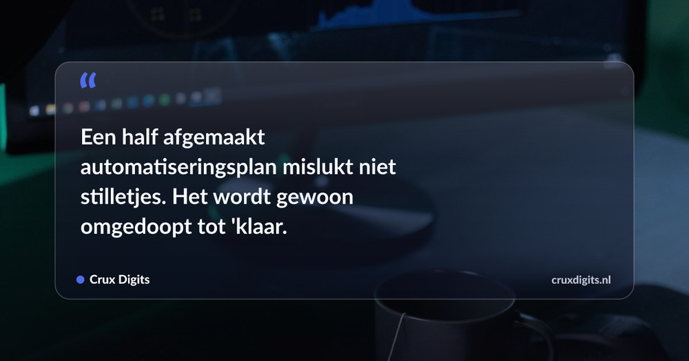 Pull quote: Een half afgemaakt automatiseringsplan mislukt niet stilletjes. Het wordt gewoon omgedoopt tot 'klaar.' — Crux Digits