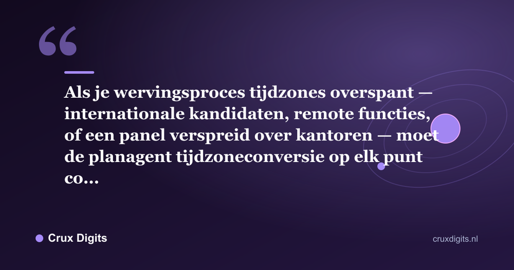 Citaat: Als je wervingsproces tijdzones overspant — internationale kandidaten, remote functies, of een panel verspreid over kantoren — moet de planagent tijdzoneconversie op elk punt co... - Crux Digits