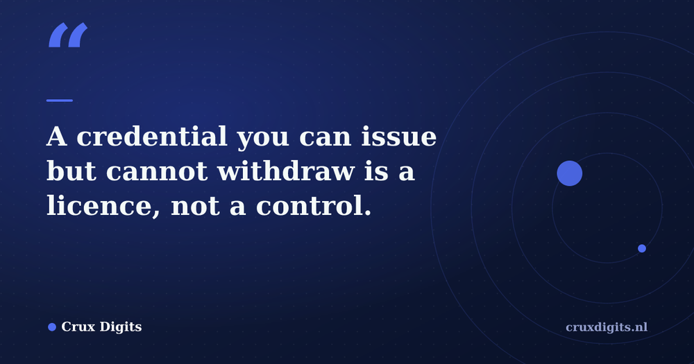 Pull quote from Crux Digits: A credential you can issue but cannot withdraw is a licence, not a control.