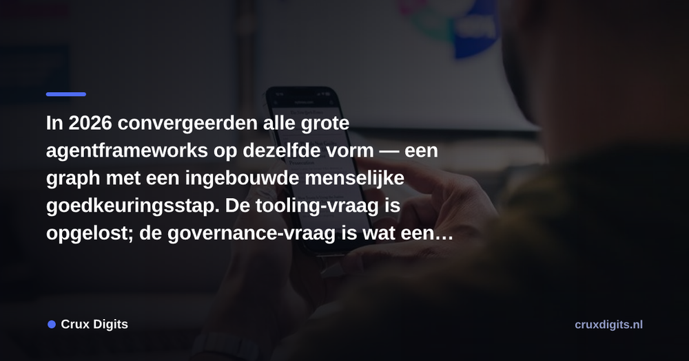 Pull quote: In 2026 convergeerden alle grote agentframeworks op dezelfde vorm — een graph met een ingebouwde menselijke goedkeuringsstap. De tooling-vraag is opge — Crux Digits