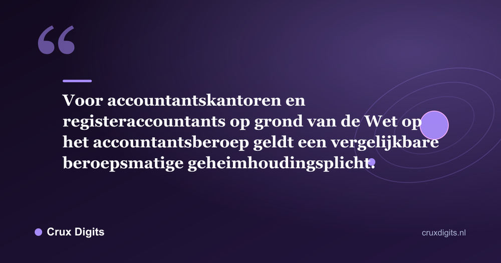 Citaat: Voor accountantskantoren en registeraccountants op grond van de Wet op het accountantsberoep geldt een vergelijkbare beroepsmatige geheimhoudingsplicht. - Crux Digits