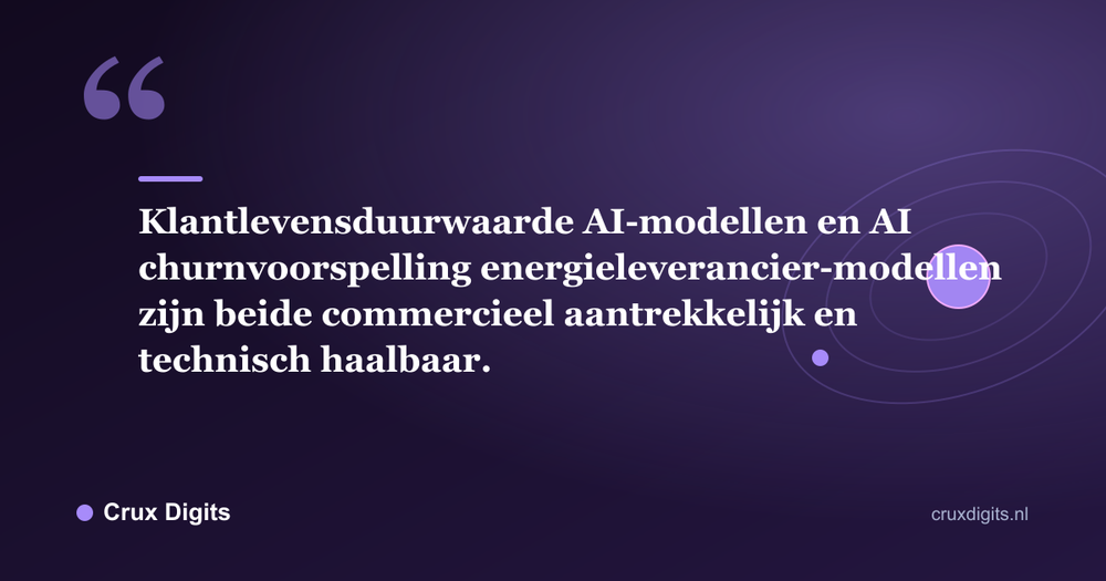 Citaat: Klantlevensduurwaarde AI-modellen en AI churnvoorspelling energieleverancier-modellen zijn beide commercieel aantrekkelijk en technisch haalbaar. - Crux Digits