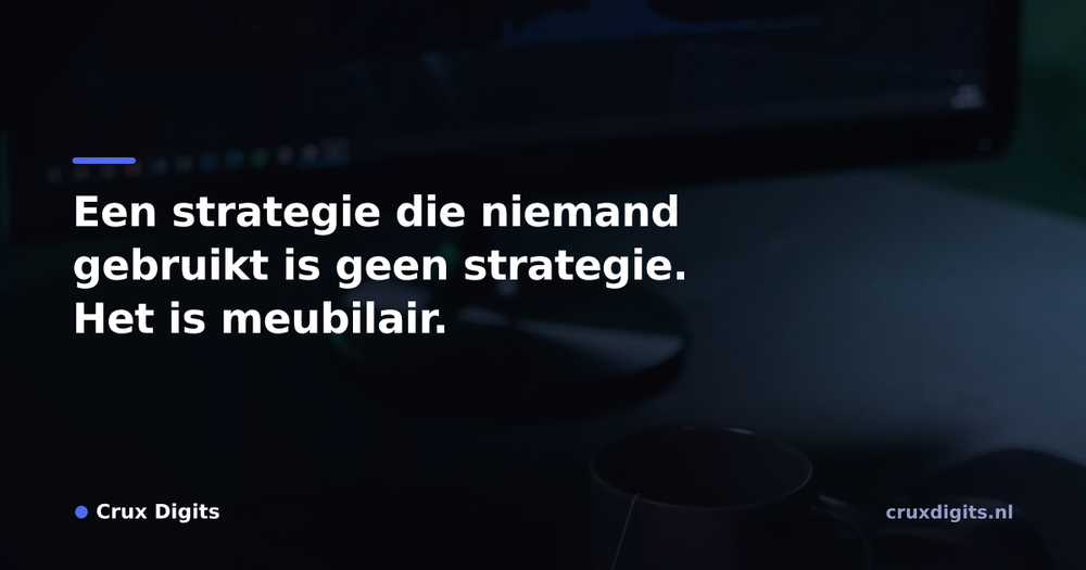 Pull quote from Crux Digits: Een strategie die niemand gebruikt is geen strategie. Het is meubilair.