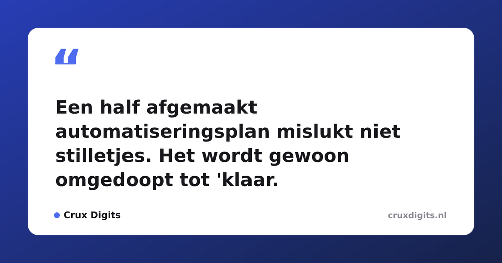 Pull quote from Crux Digits: Een half afgemaakt automatiseringsplan mislukt niet stilletjes. Het wordt gewoon omgedoopt tot 'klaar.'