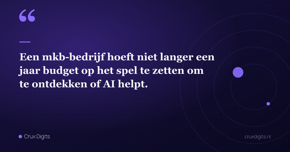 Pull quote: Een mkb-bedrijf hoeft niet langer een jaar budget op het spel te zetten om te ontdekken of AI helpt. — Crux Digits