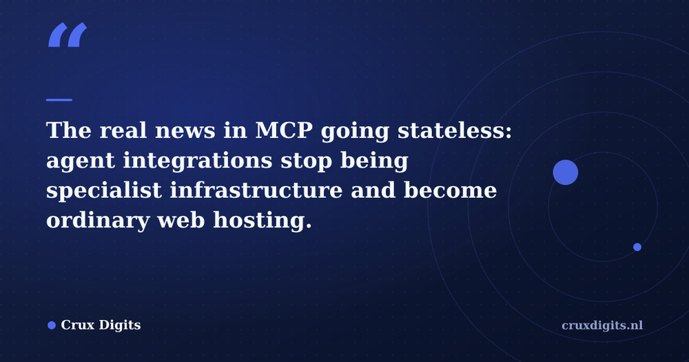 Pull quote: The real news in MCP going stateless: agent integrations stop being specialist infrastructure and become ordinary web hosting. — Crux Digits