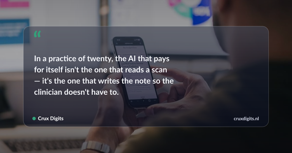 Pull quote: In a practice of twenty, the AI that pays for itself isn't the one that reads a scan — it's the one that writes the note so the clinician doesn't have — Crux Digits
