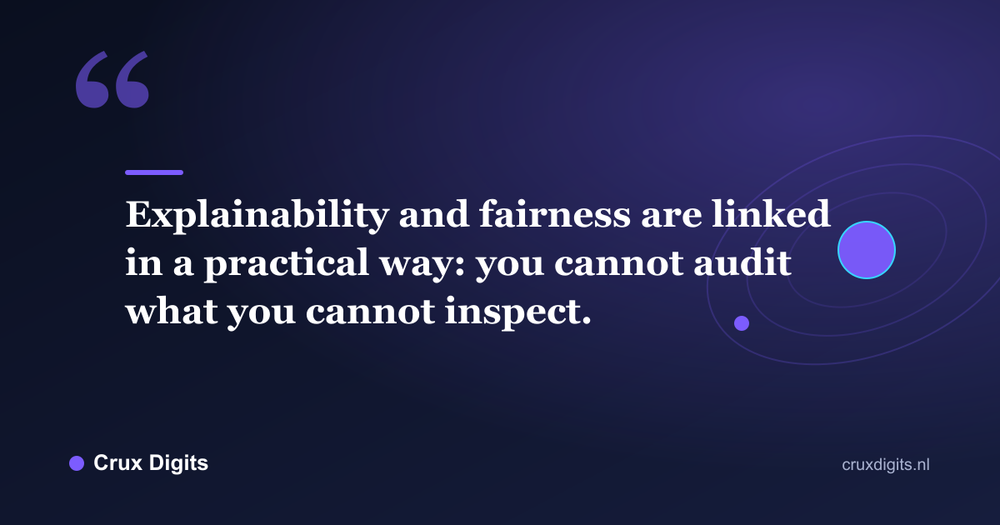 Pull quote: Explainability and fairness are linked in a practical way: you cannot audit what you cannot inspect. - Crux Digits