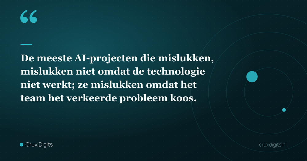 Pull quote: De meeste AI-projecten die mislukken, mislukken niet omdat de technologie niet werkt; ze mislukken omdat het team het verkeerde probleem koos. — Crux Digits