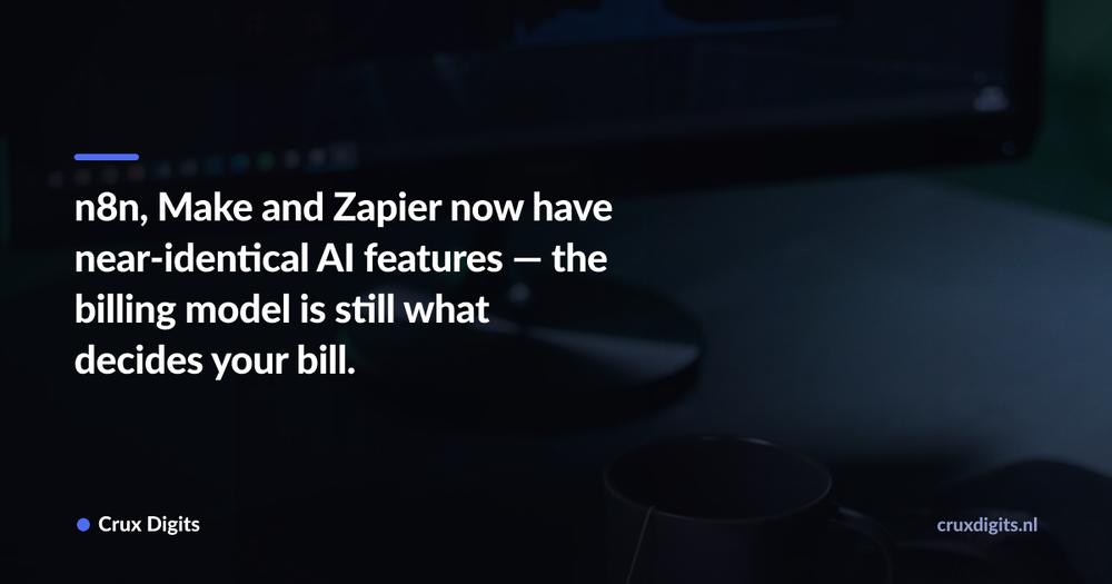 Pull quote: n8n, Make and Zapier now have near-identical AI features — the billing model is still what decides your bill. — Crux Digits