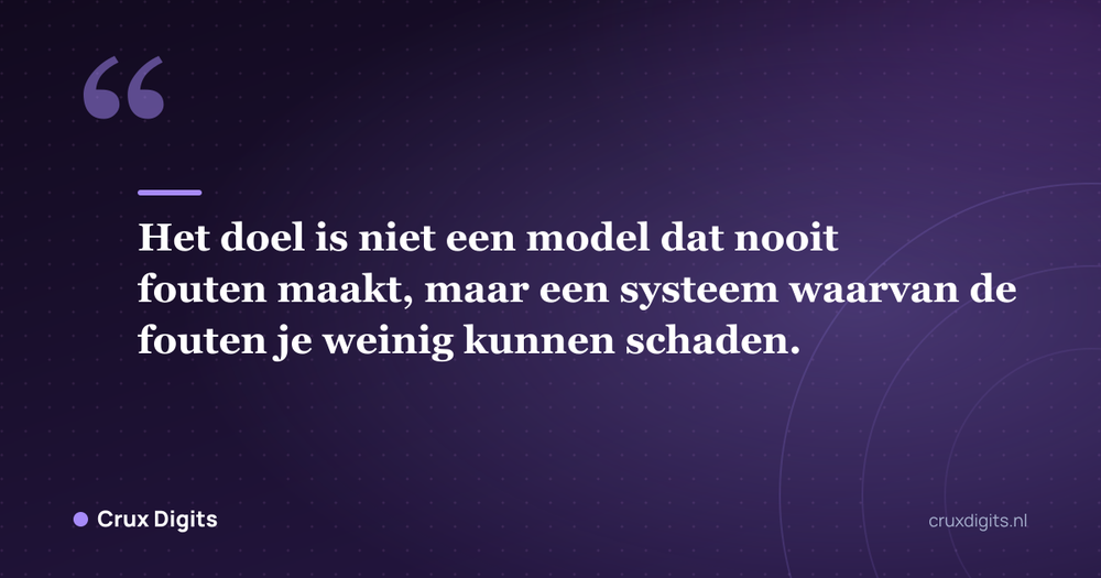 Citaat: Het doel is niet een model dat nooit fouten maakt, maar een systeem waarvan de fouten je weinig kunnen schaden. - Crux Digits
