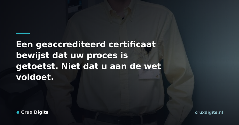 Pull quote from Crux Digits: Een geaccrediteerd certificaat bewijst dat uw proces is getoetst. Niet dat u aan de wet voldoet.