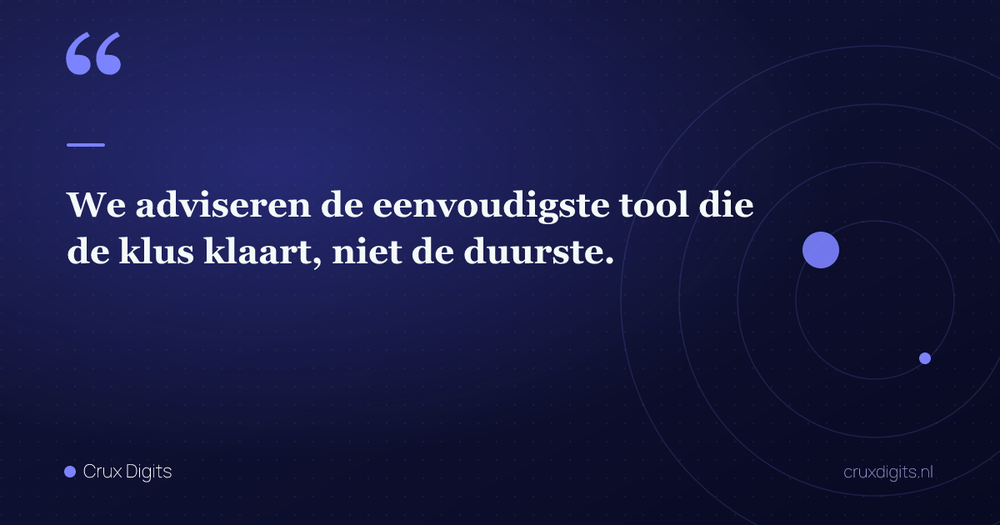 Pull quote: We adviseren de eenvoudigste tool die de klus klaart, niet de duurste. — Crux Digits
