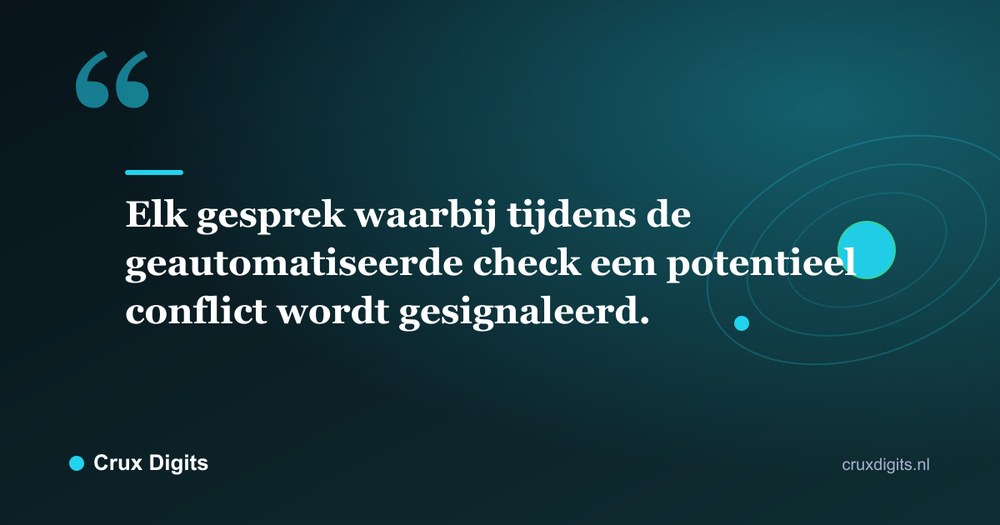 Citaat: Elk gesprek waarbij tijdens de geautomatiseerde check een potentieel conflict wordt gesignaleerd. - Crux Digits