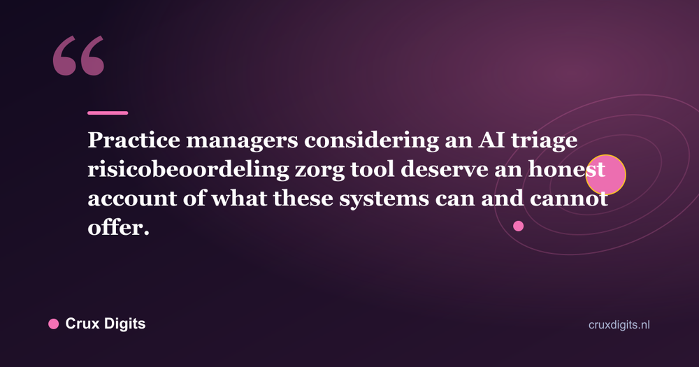 Pull quote: Practice managers considering an AI triage risicobeoordeling zorg tool deserve an honest account of what these systems can and cannot offer. - Crux Digits
