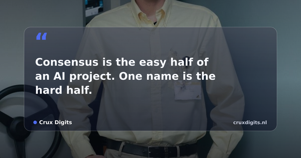 Pull quote from Crux Digits: Consensus is the easy half of an AI project. One name is the hard half.