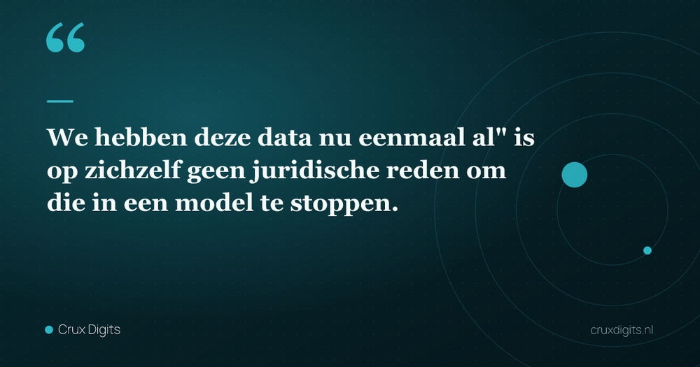 Pull quote: "We hebben deze data nu eenmaal al" is op zichzelf geen juridische reden om die in een model te stoppen. — Crux Digits