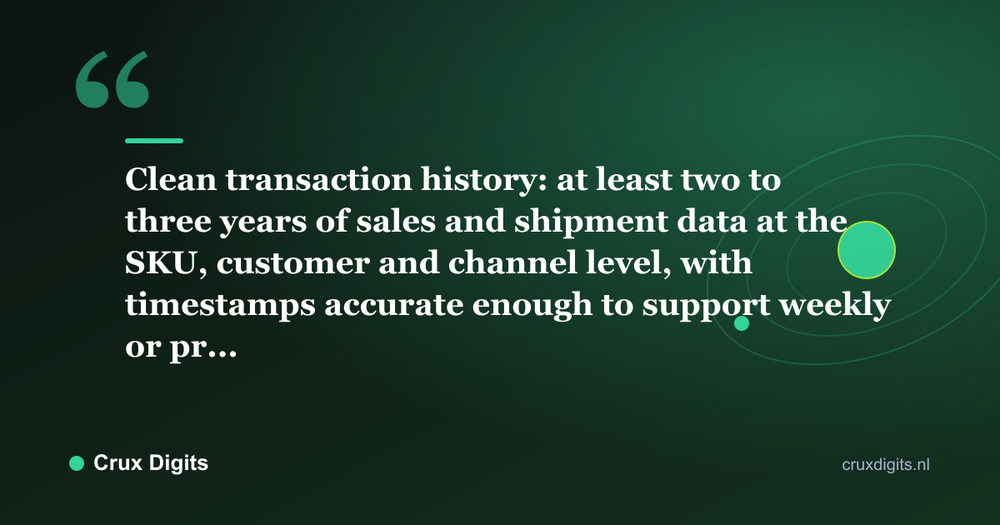 Pull quote: Clean transaction history: at least two to three years of sales and shipment data at the SKU, customer and channel level, with timestamps accurate enough to support weekly or pr... - Crux Digits