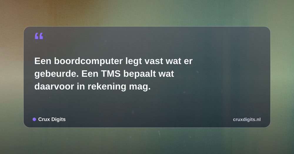 Pull quote: Een boordcomputer legt vast wat er gebeurde. Een TMS bepaalt wat daarvoor in rekening mag. — Crux Digits
