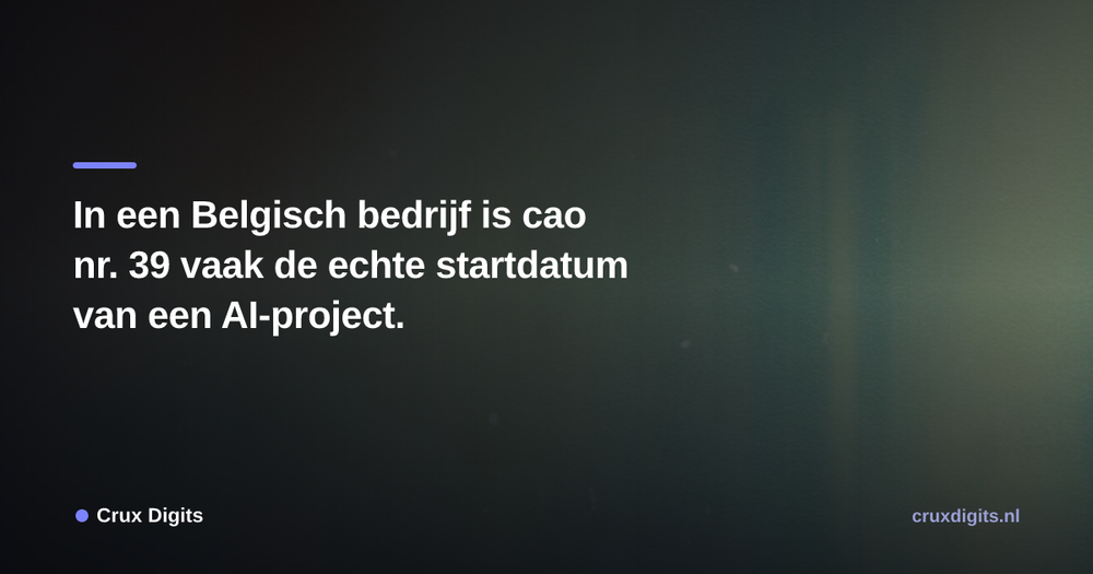 Pull quote from Crux Digits: In een Belgisch bedrijf is cao nr. 39 vaak de echte startdatum van een AI-project.