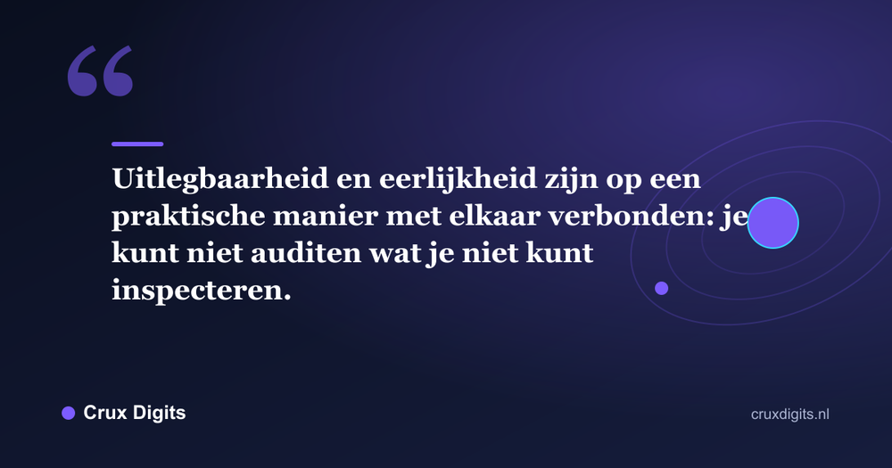 Citaat: Uitlegbaarheid en eerlijkheid zijn op een praktische manier met elkaar verbonden: je kunt niet auditen wat je niet kunt inspecteren. - Crux Digits