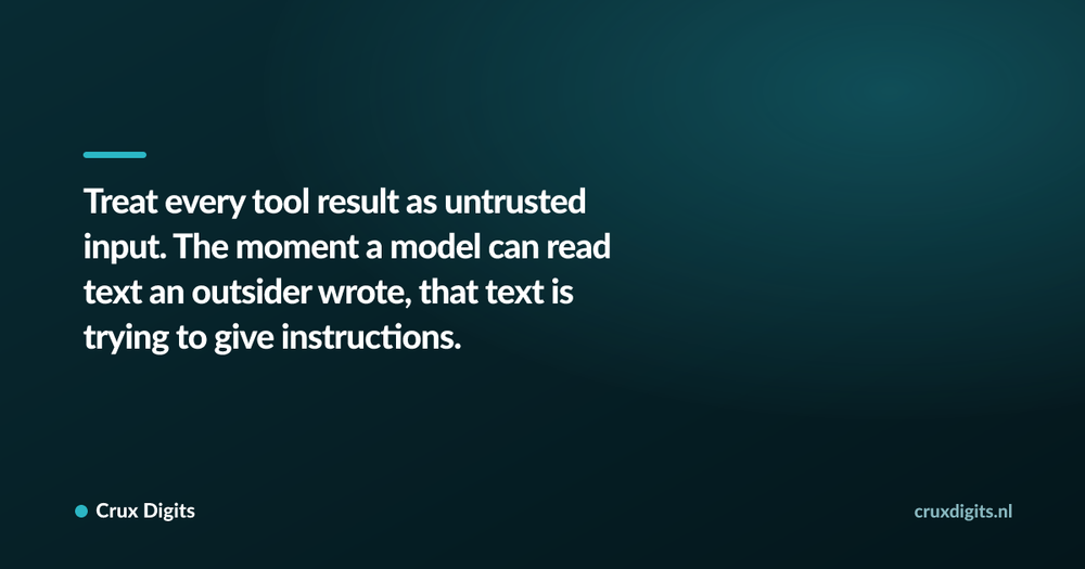 Pull quote: Treat every tool result as untrusted input. The moment a model can read text an outsider wrote, that text is trying to give instructions. — Crux Digits