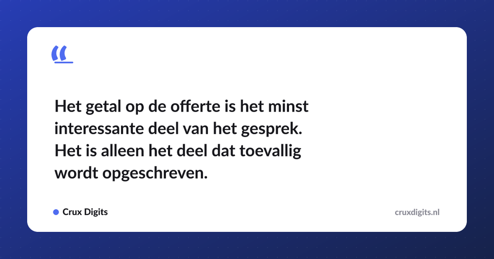 Pull quote: Het getal op de offerte is het minst interessante deel van het gesprek. Het is alleen het deel dat toevallig wordt opgeschreven. — Crux Digits