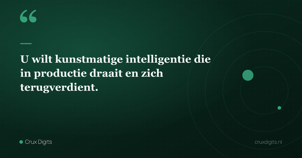 Pull quote: U wilt kunstmatige intelligentie die in productie draait en zich terugverdient. — Crux Digits