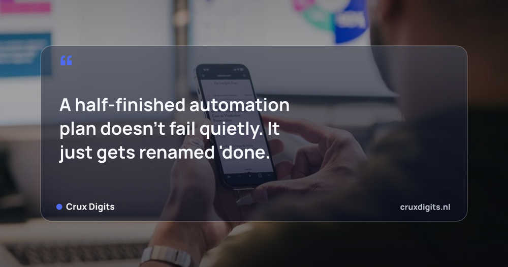 Pull quote from Crux Digits: A half-finished automation plan doesn't fail quietly. It just gets renamed 'done.'