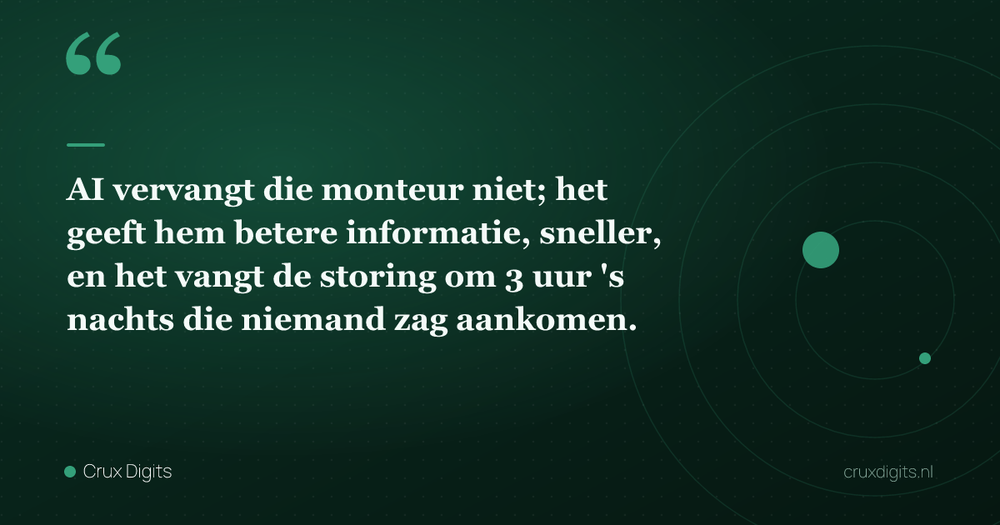 Pull quote: AI vervangt die monteur niet; het geeft hem betere informatie, sneller, en het vangt de storing om 3 uur 's nachts die niemand zag aankomen. — Crux Digits