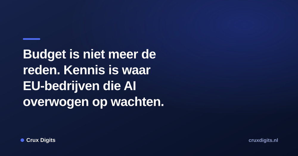 Pull quote from Crux Digits: Budget is niet meer de reden. Kennis is waar EU-bedrijven die AI overwogen op wachten.