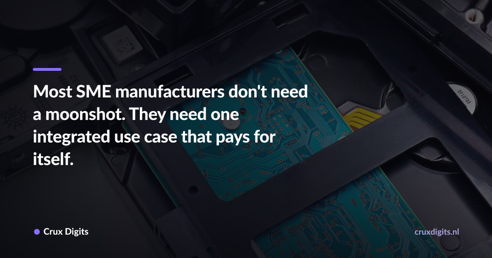 Pull quote: Most SME manufacturers don't need a moonshot. They need one integrated use case that pays for itself. — Crux Digits