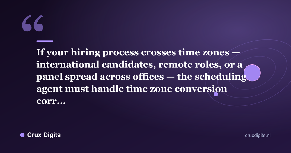Pull quote: If your hiring process crosses time zones — international candidates, remote roles, or a panel spread across offices — the scheduling agent must handle time zone conversion corr... - Crux Digits