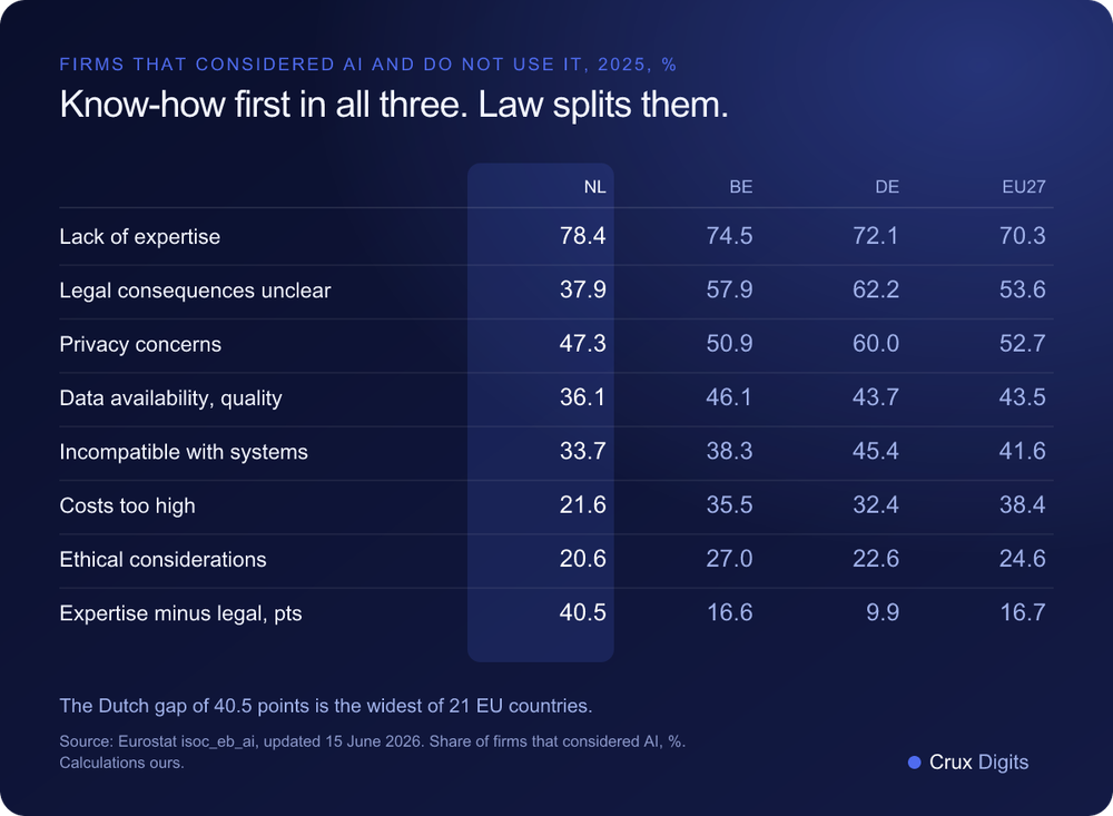 Comparison: barriers to AI in the Netherlands, Belgium, Germany and the EU in 2025, lack of expertise against unclear legal consequences, Eurostat