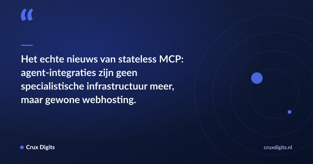 Pull quote: Het echte nieuws van stateless MCP: agent-integraties zijn geen specialistische infrastructuur meer, maar gewone webhosting. — Crux Digits