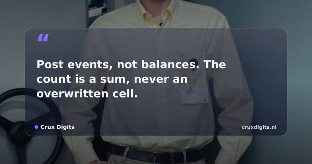 Pull quote from Crux Digits: Post events, not balances. The count is a sum, never an overwritten cell.