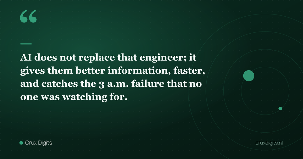 Pull quote: AI does not replace that engineer; it gives them better information, faster, and catches the 3 a.m. failure that no one was watching for. — Crux Digits