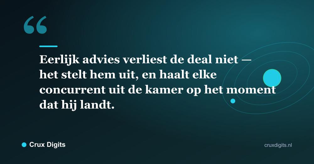 Citaat: Eerlijk advies verliest de deal niet — het stelt hem uit, en haalt elke concurrent uit de kamer op het moment dat hij landt. - Crux Digits