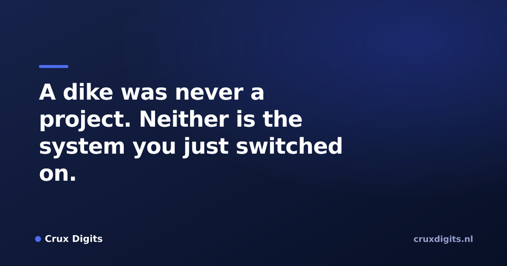 Pull quote from Crux Digits: A dike was never a project. Neither is the system you just switched on.