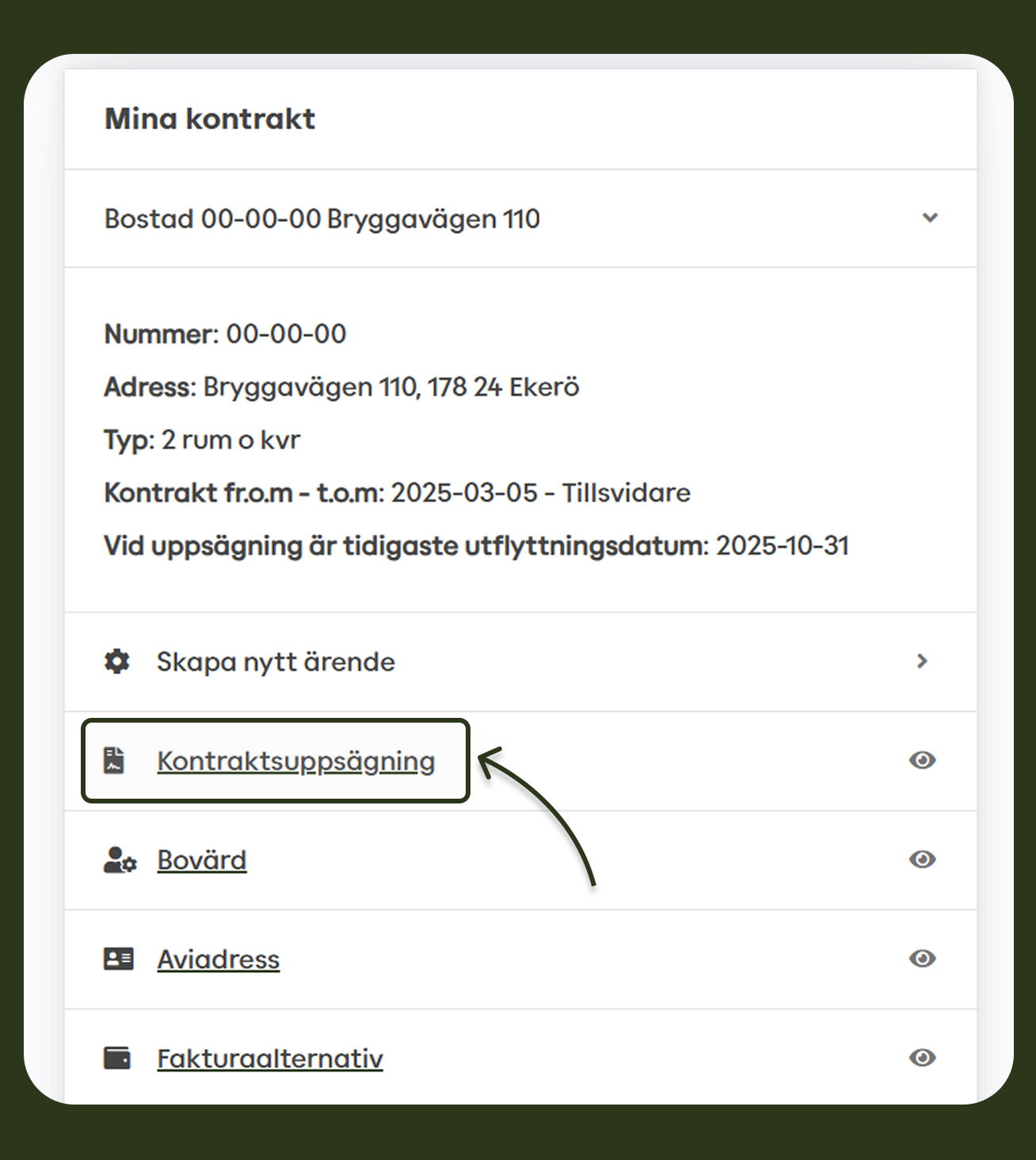visar Mina sidors flik för kontraktsuppsägning