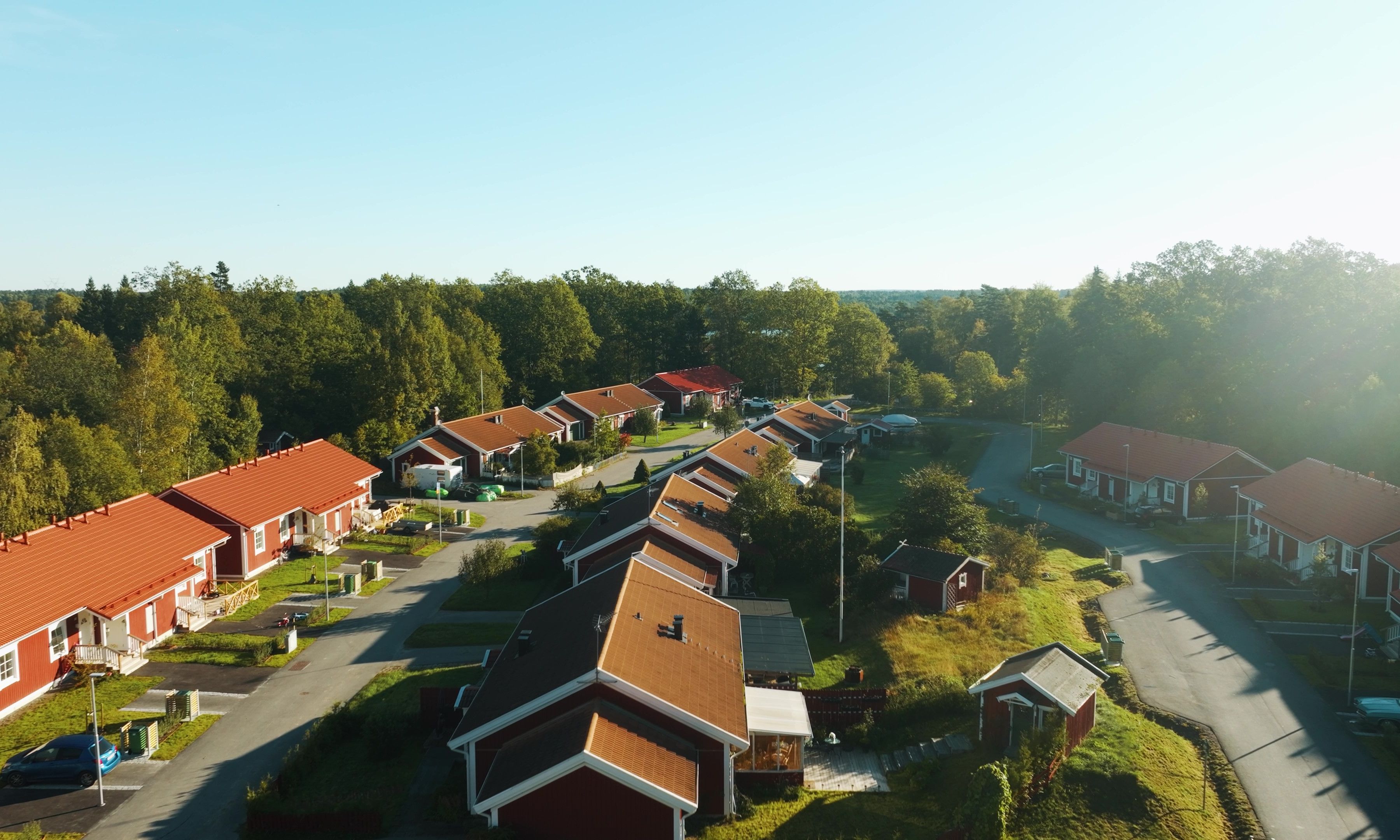 Flygbild över bostadsområdet Slagarvägen/Tegelbrännarvägen.