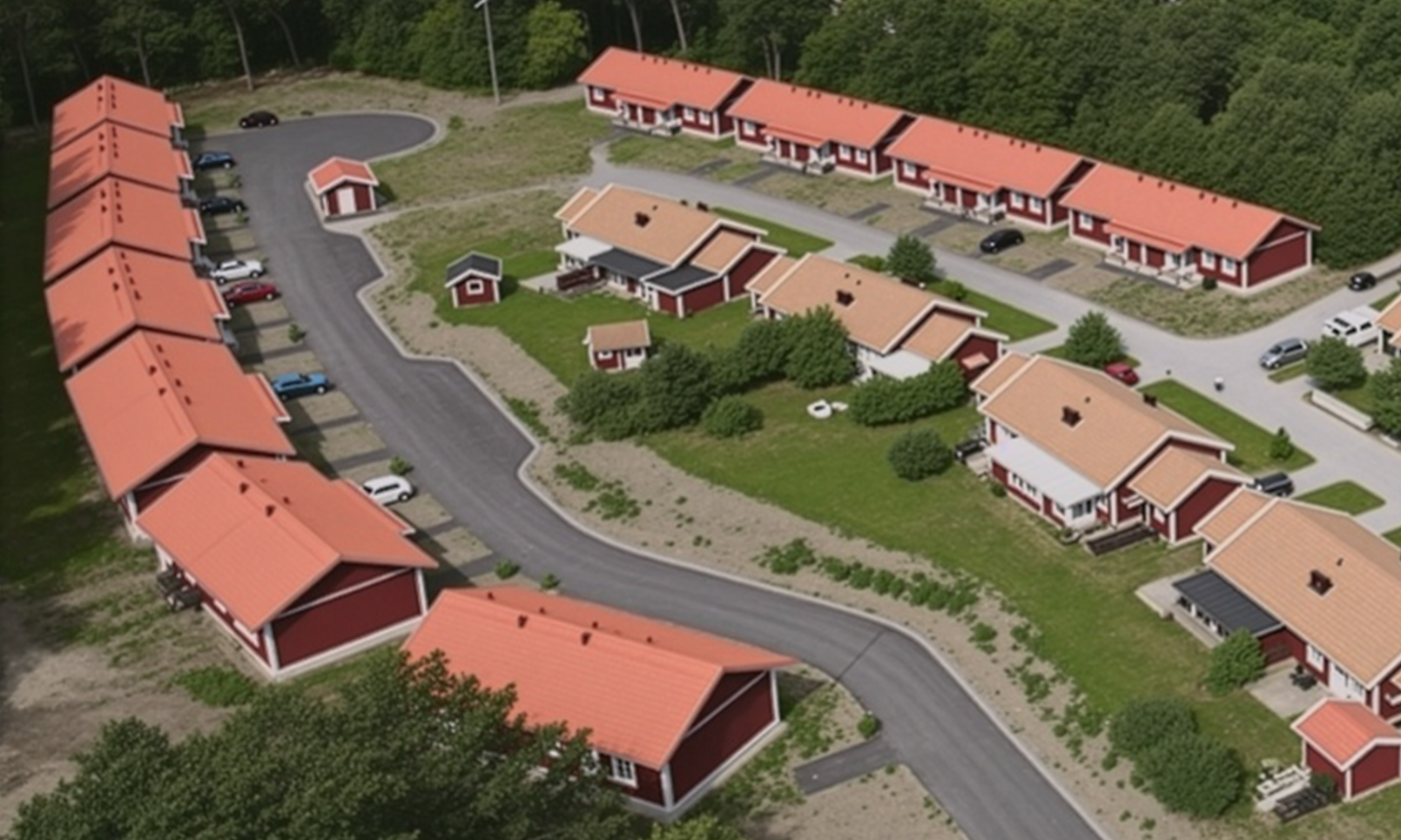 Flygbild över bostadsområdet Slagarvägen/Tegelbrännarvägen.