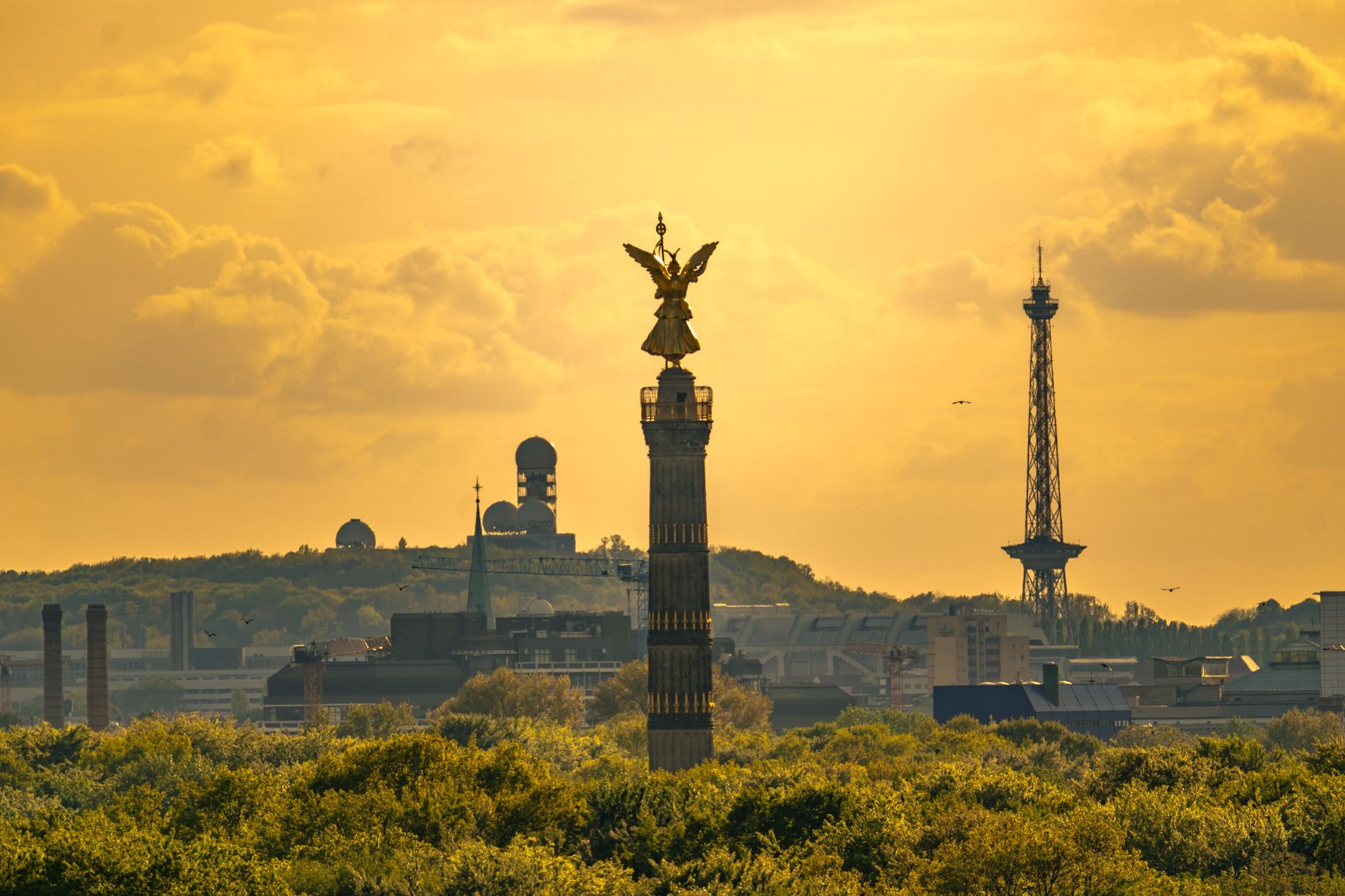 Scenic sunset view of the Victory Column in Berlin, Germany with lush green foreground and iconic city landmarks.