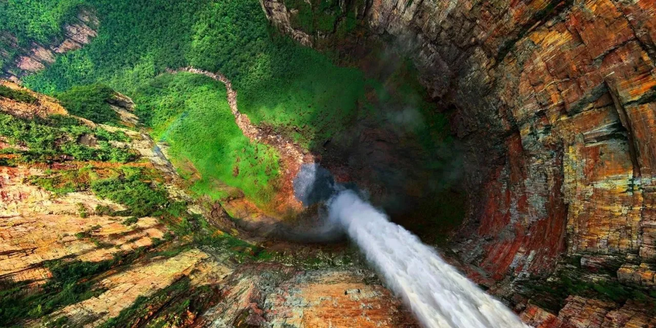 Aerial view of Angel Falls plunging from a tepui into the jungle below, Venezuela